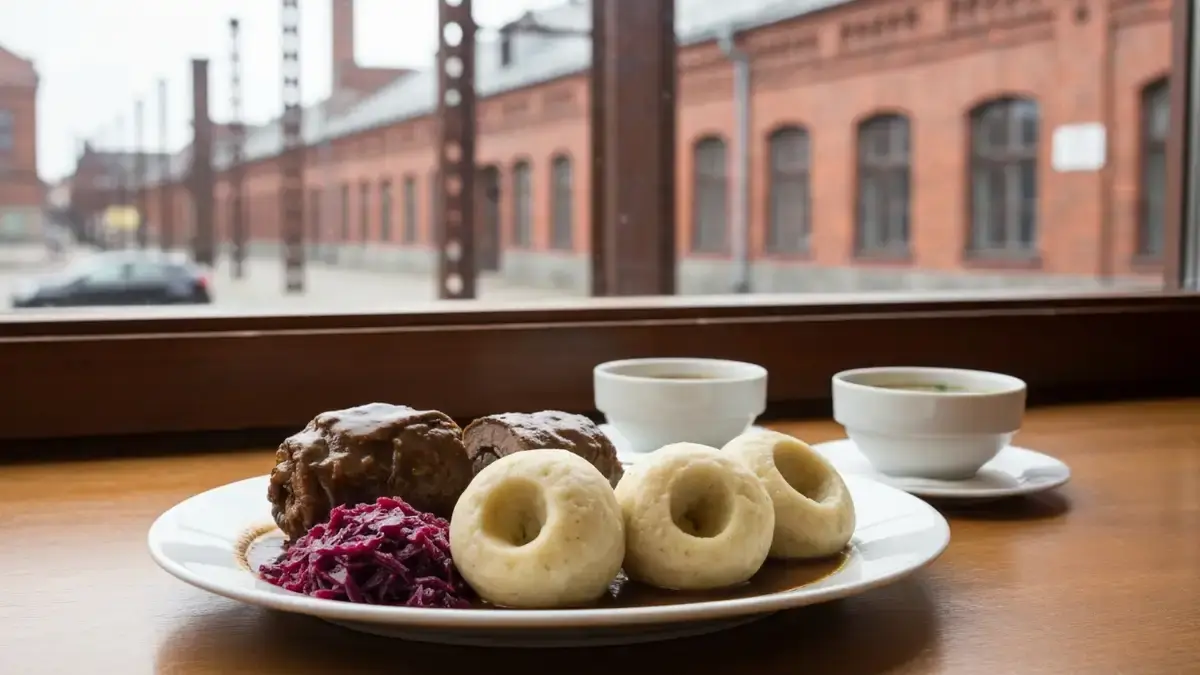 Tradycyjny obiad śląski na stole w katowickiej restauracji z ceglanym tłem Nikiszowca